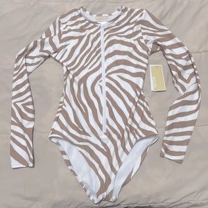 Michael Kors Long Sleeve Khaki Zebra Print Zip Up One Piece Swimsuit